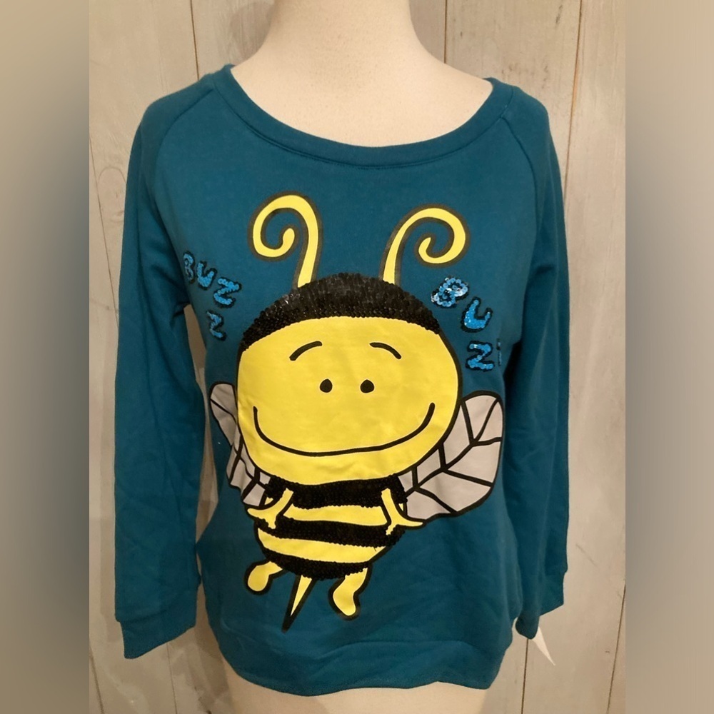 iijin Womens Turquoise‎ Blue Sequin Bee Pullover Sweatshirt- Sz-2(XS) NEW!